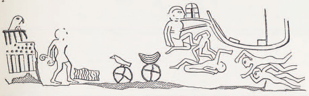 A drawing of a relief shows concqured people of Nubia.