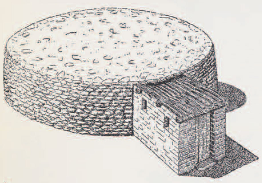 Drawing of a circular brick building with rectangular jut.
