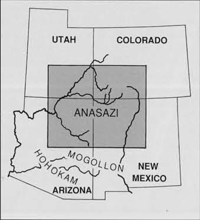 Map of the states comprising the Four Corners, and the area of Anasazi settlement.