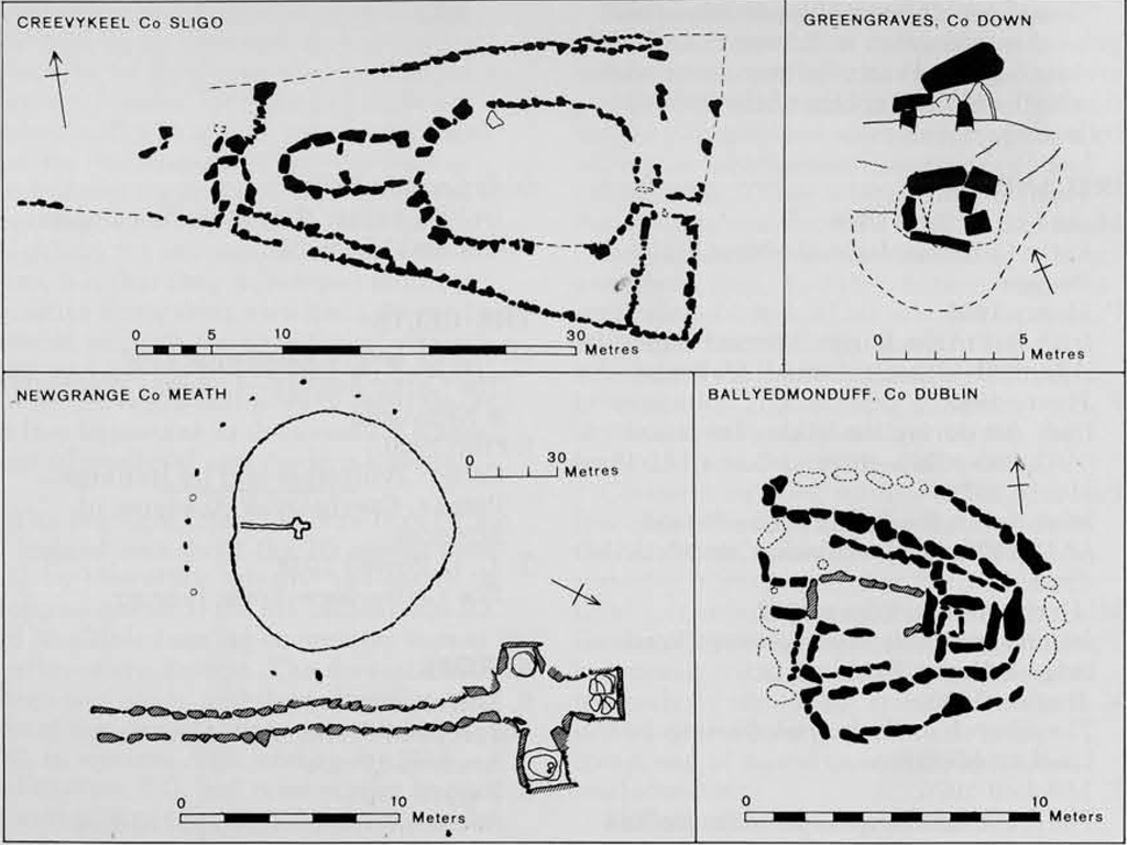 Four dranw site plans of megalithic tombs.