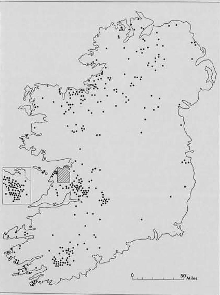 Map of Ireland with dots representing wedge-tomb locations.