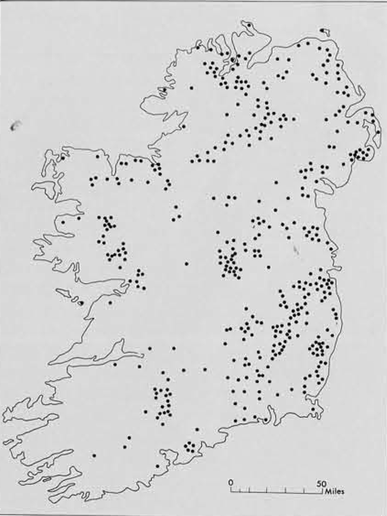 Map of Ireland with dots representing Irish Bronze Age cist locations.