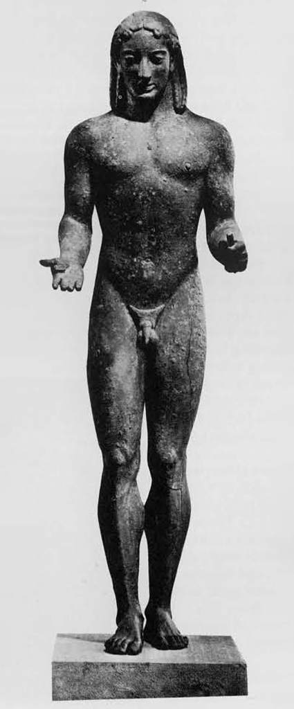Bronze statue of Apollo, nude, shoulder length hair.