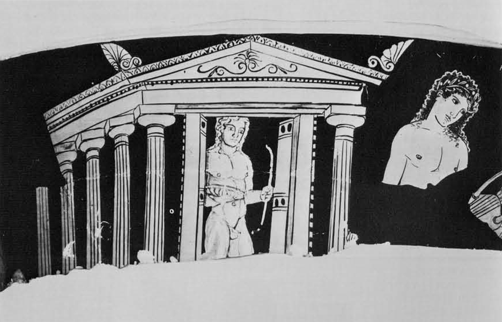 Fragment of a krater showing a temple with a figure of Apollo holding a bow in it.