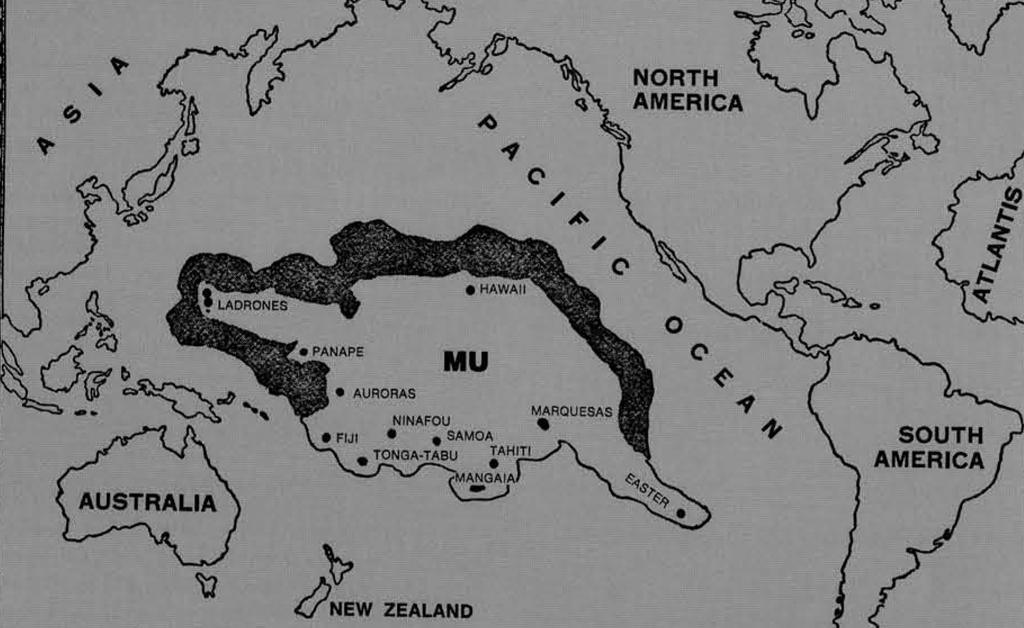 Map of the lost continent of Mu taking up a large section of the middle of the Pacific Ocean.