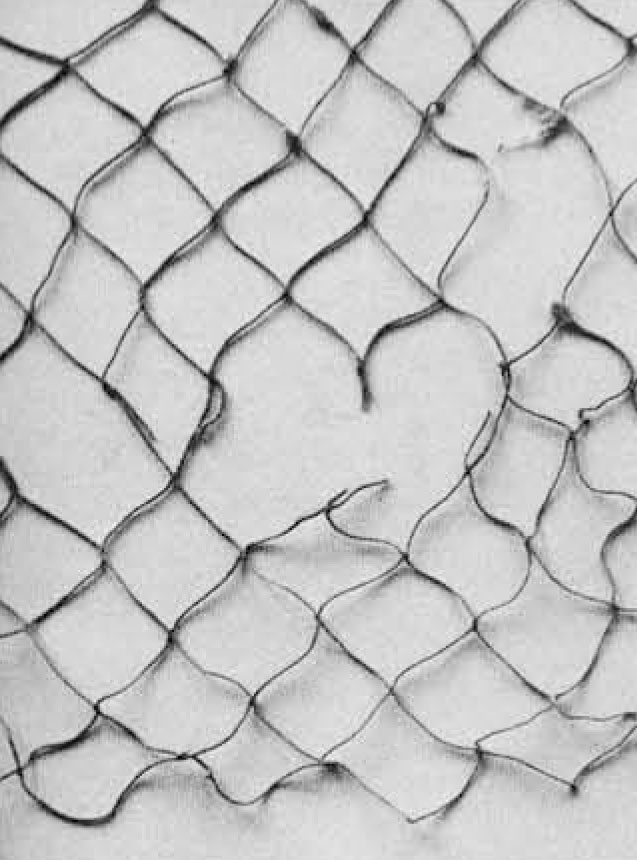 A fishnet made of cotton. There are some holes in the netting.