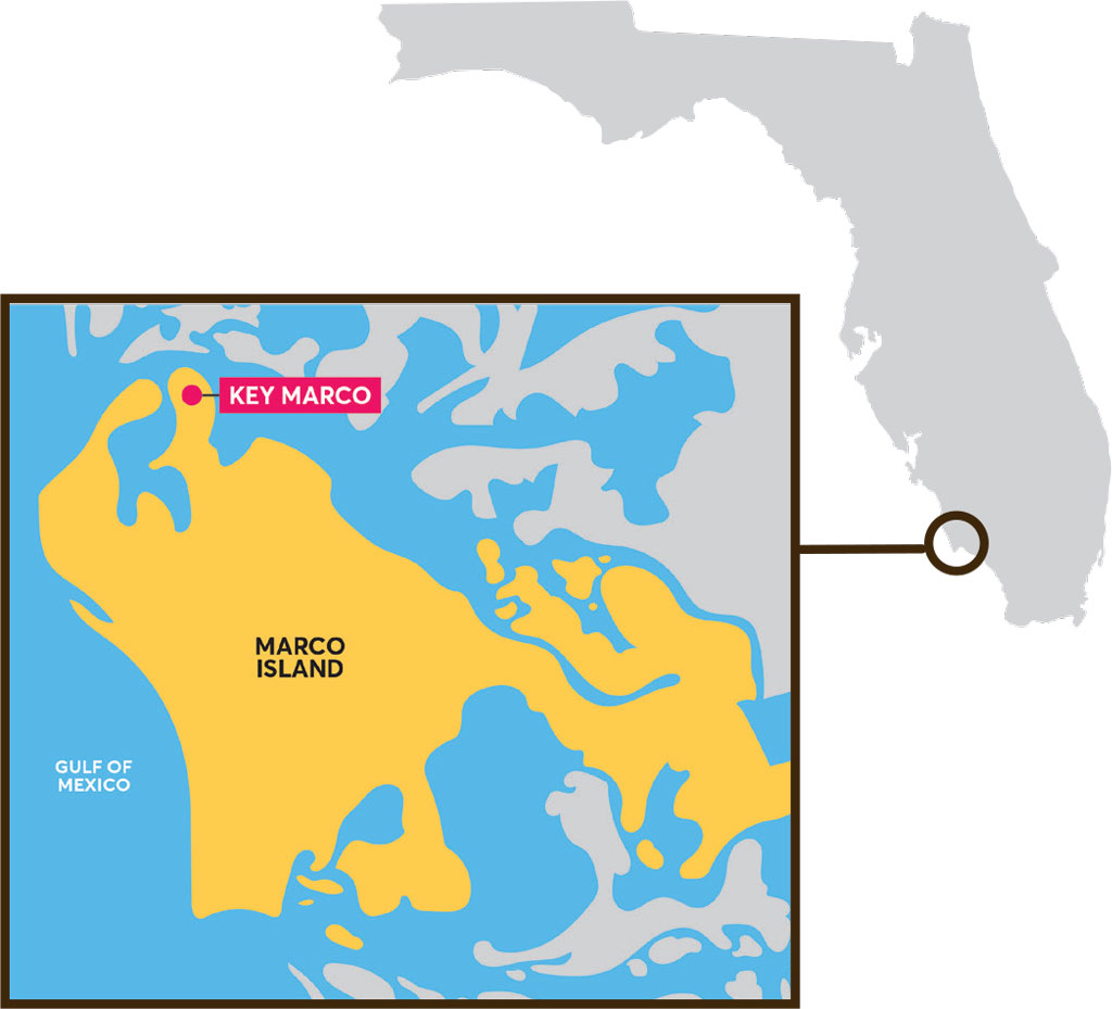 Map showing the location of Key Marco in Florida.