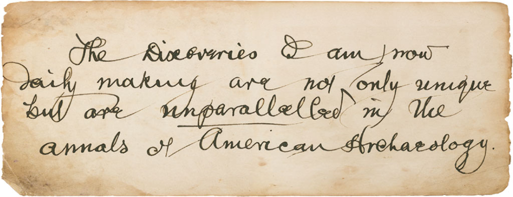 Portion of a letter, written in cursive, about the discoveries made in Key Marco.