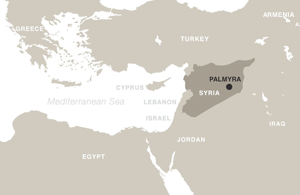 Palmyra highlighted in a map of the Mediterranean region.