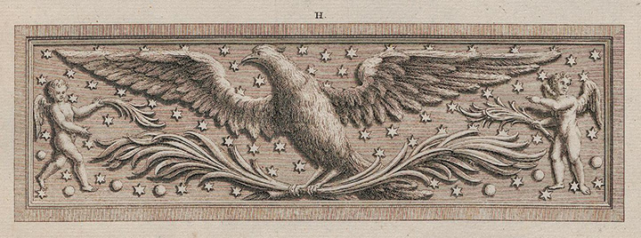 An illustration of an eagle between two cherubs.