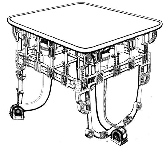 A drawing of an intricately legged table.