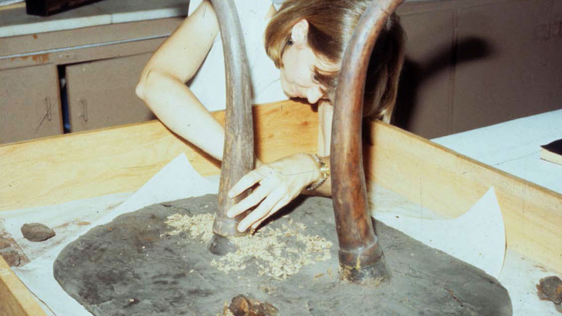A woman brushing debris off table legs.