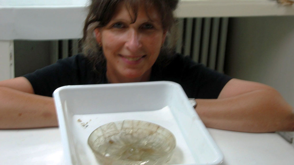 A woman smiling next to a translucent white glass bowl.