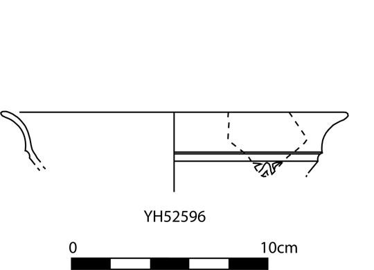 A drawing of the top of a glass vessel showing the shape, and where a fragment that was found would be.