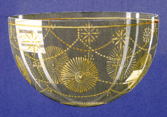 A drawing of a glass bowl with yellow patterns.
