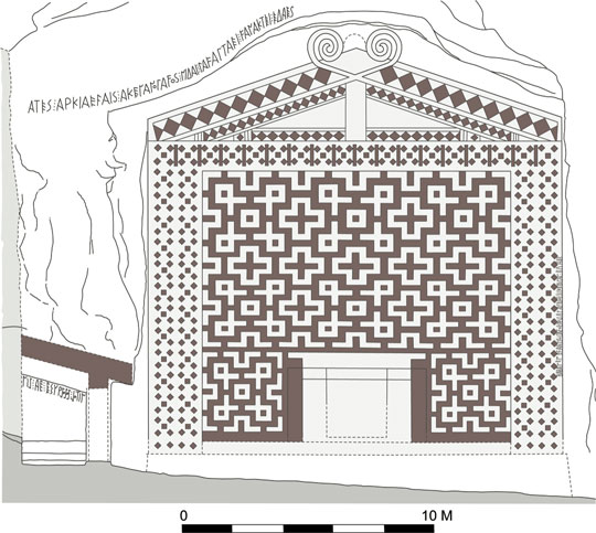 A drawing of the massive entrance or wall with inscription and geometric carvings