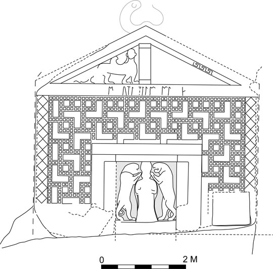 A drawing of the facade of a temple with inscribed lintel, geometric decor, and a statue of two animals on hind legs on either side of a person in an alcove in the center.