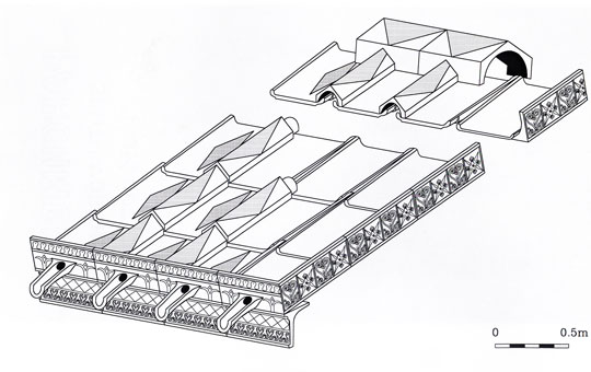 A drawing of how roof tiles and gutters were laid out.