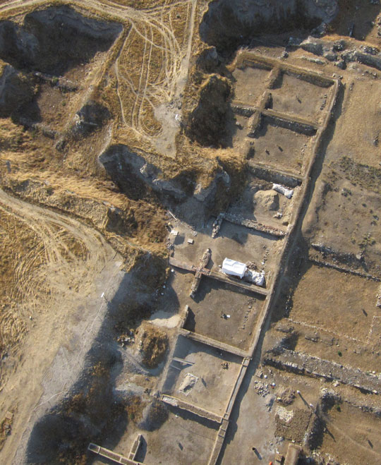 An aerial view of a row of foundations for buildings at Gordion.