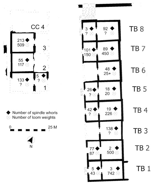 A drawing of rooms or building plans, with labels for the number of spindle whorls and loom weights found.