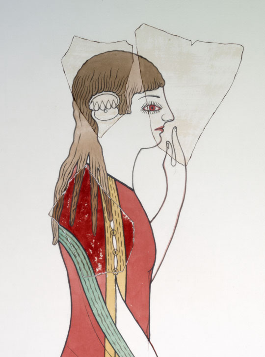 A drawing of a depiction of a person in a red robe, with long hair, from the waist up.