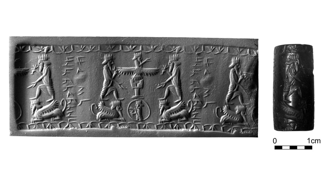 A cylinder seal and it's impression which shows two figures facing each other and standing on griffons, with a winged figure in-between.