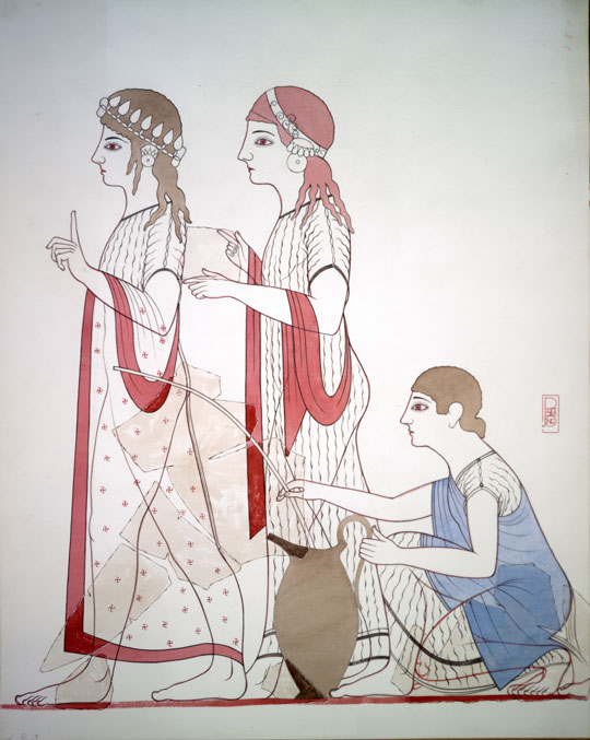 Drawing of a depiction of two people in robes and headpieces, a third person crouching behind them and holding a pitcher.