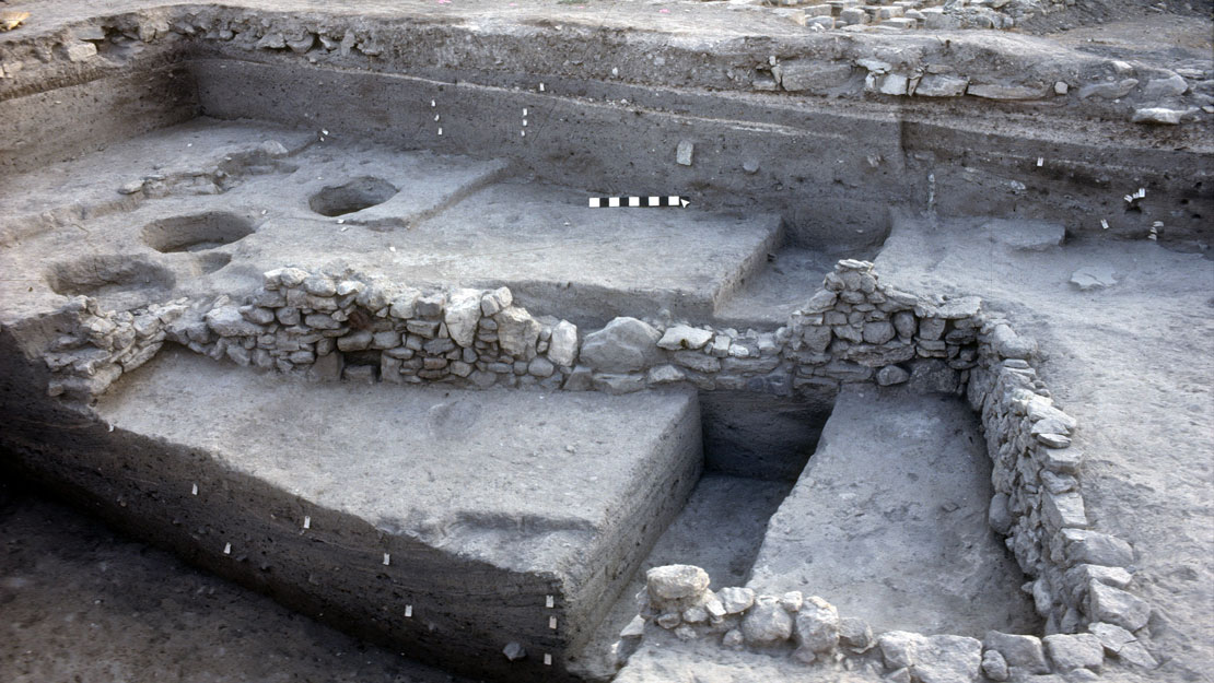 An excavated area at Gordion showing a stone wall.