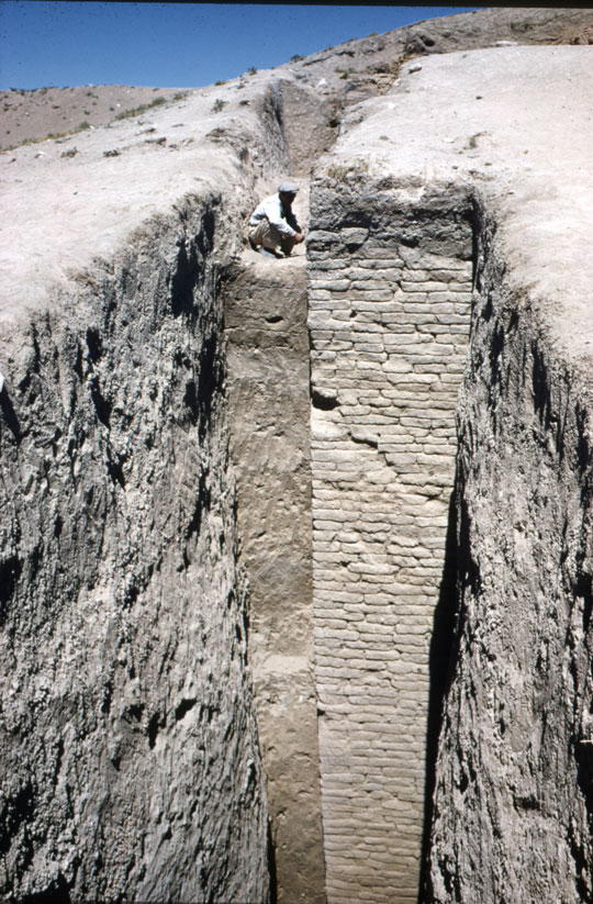 A very tall wall made of stone bricks, a man crouching next to the very top of the wall, which extends downwards out of frame.