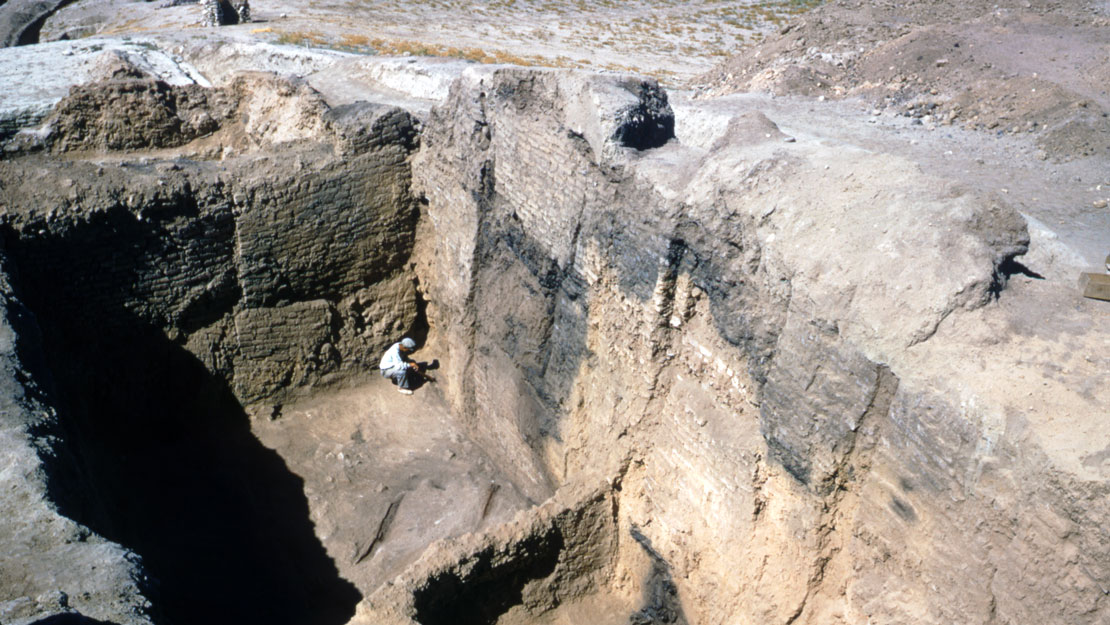 A worker crouching next to excavated walls.