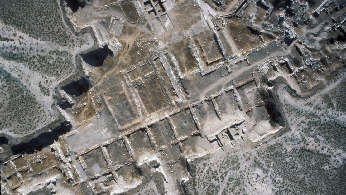 An aerial view of Gordion showing building walls and foundations.