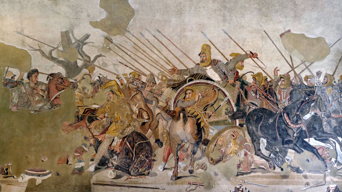 A wall painting of a violent battle with pieces on horseback and wielding spears, parts missing.