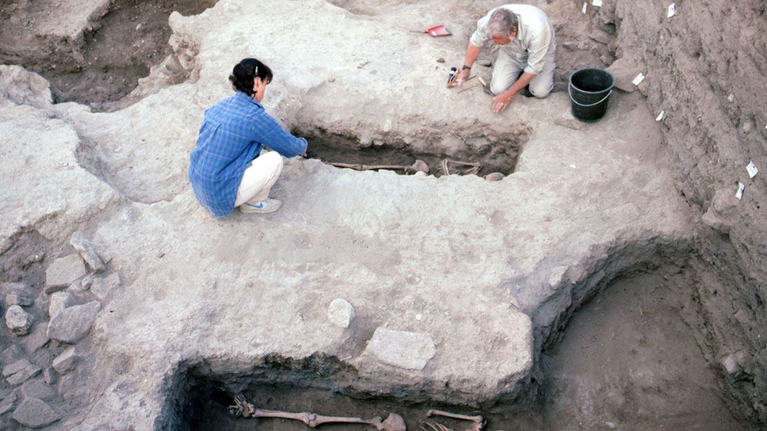 Two people carefully excavating remains.
