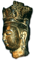 Stone head of a Bodhisattva with stretched lobes