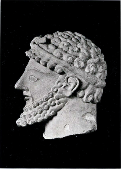 Archaic head from Cyprus with ringlet beard and hair and knotted headband in profile
