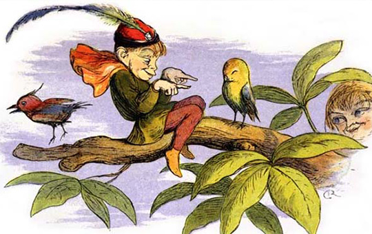 Poor little birdie teased, by the 19th-century English illustrator Richard Doyle depicts an elf as imagined in English folktales.