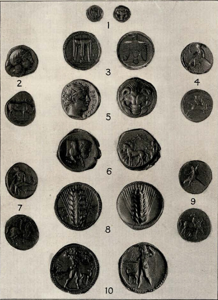 A set of ten different coins, showing fronts and backs