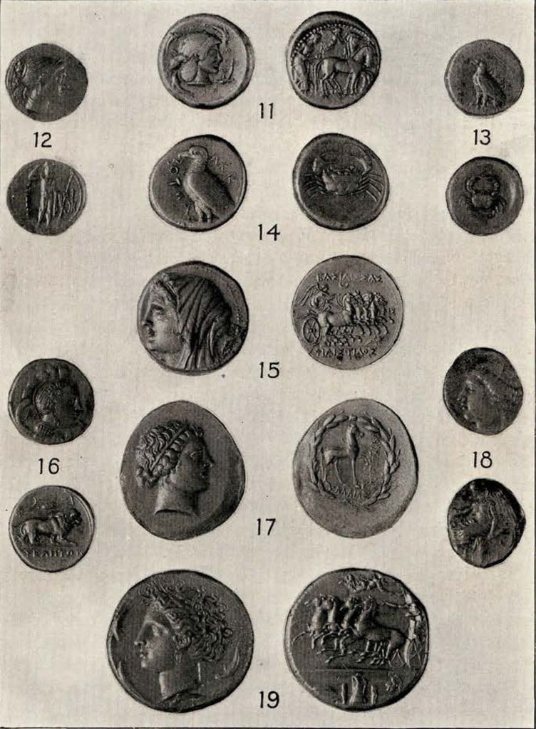 A set of nine different coins, showing fronts and backs