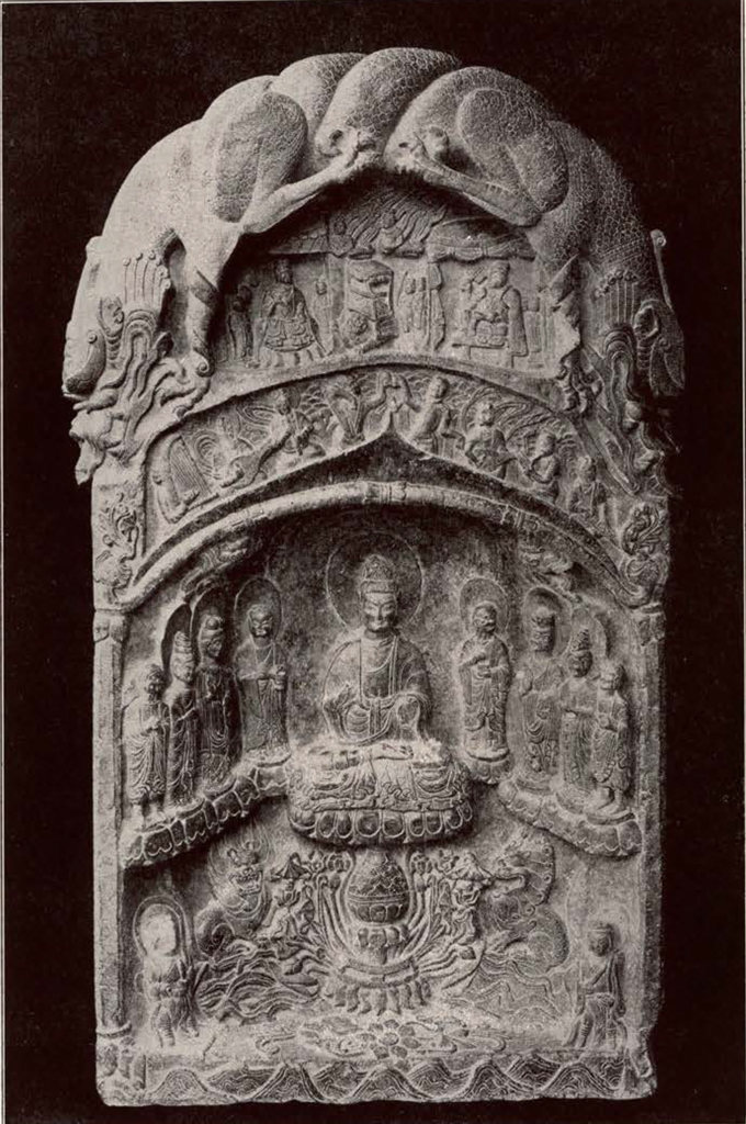 Stone stela depicting a scene from the Vimalakirti Nirdesa Sutra in high relief