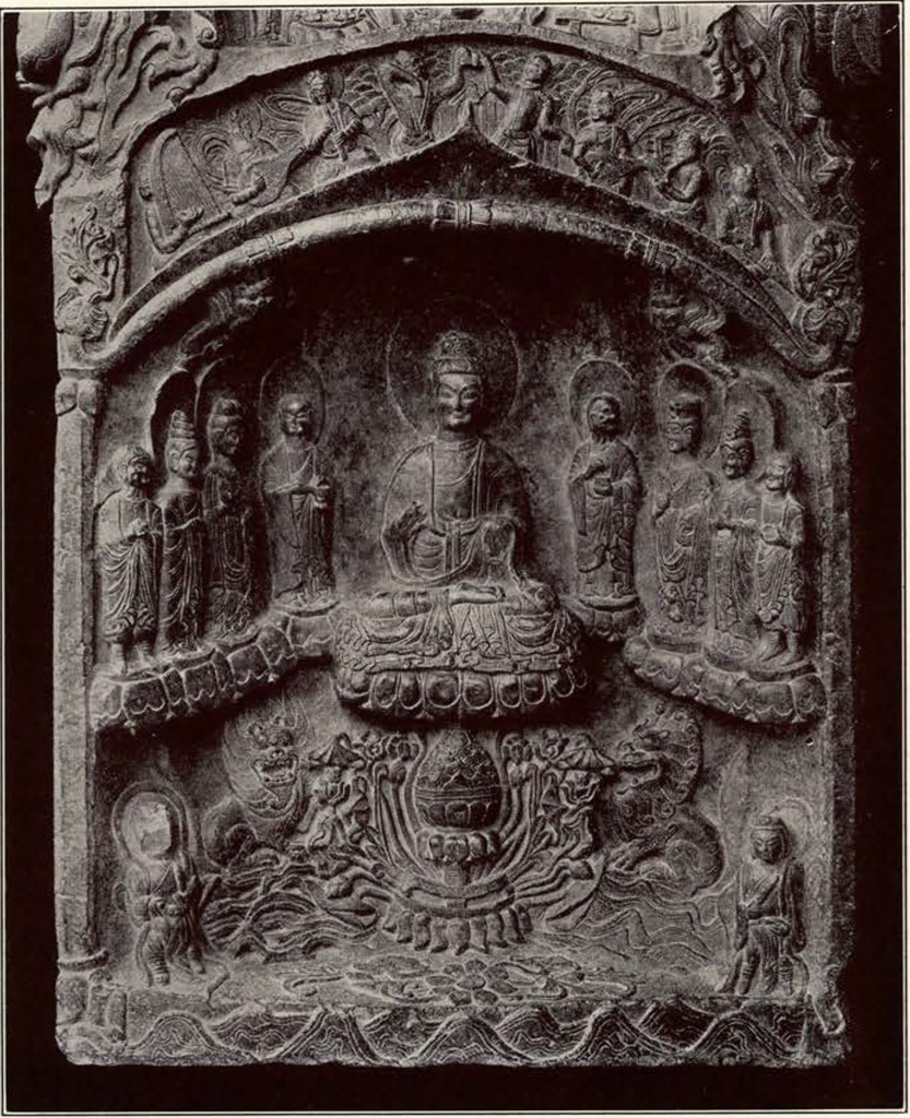 Close up of stone stela showing the buddha surrounded by priests and boddhisattvas, atop a lotus throne, in high relief