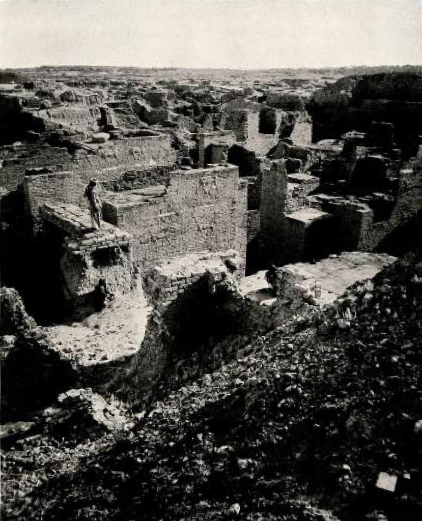 Excavated building walls and ruins stretching into the distance