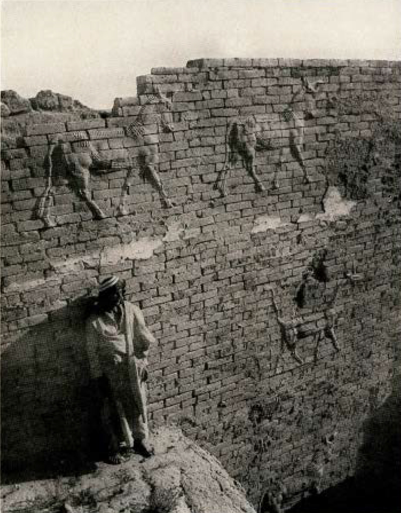 A man standing next to some excavated brick wall that show donkeys or horses walking in a line