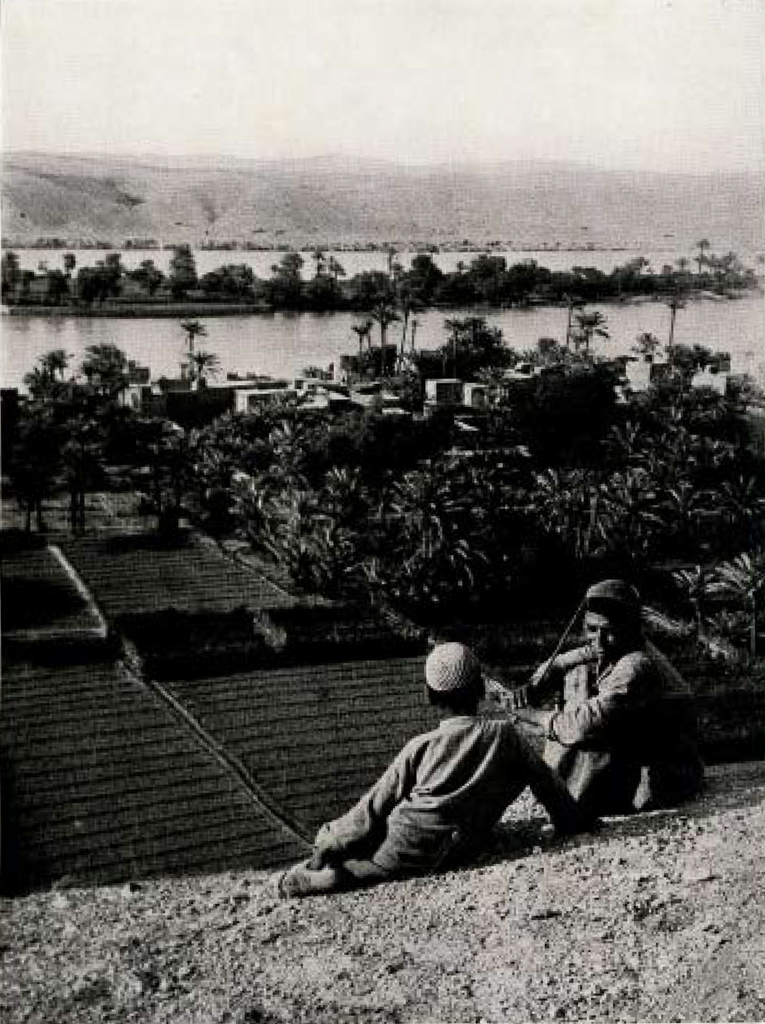 Two men sitting on a hill overlooking a garden along a river