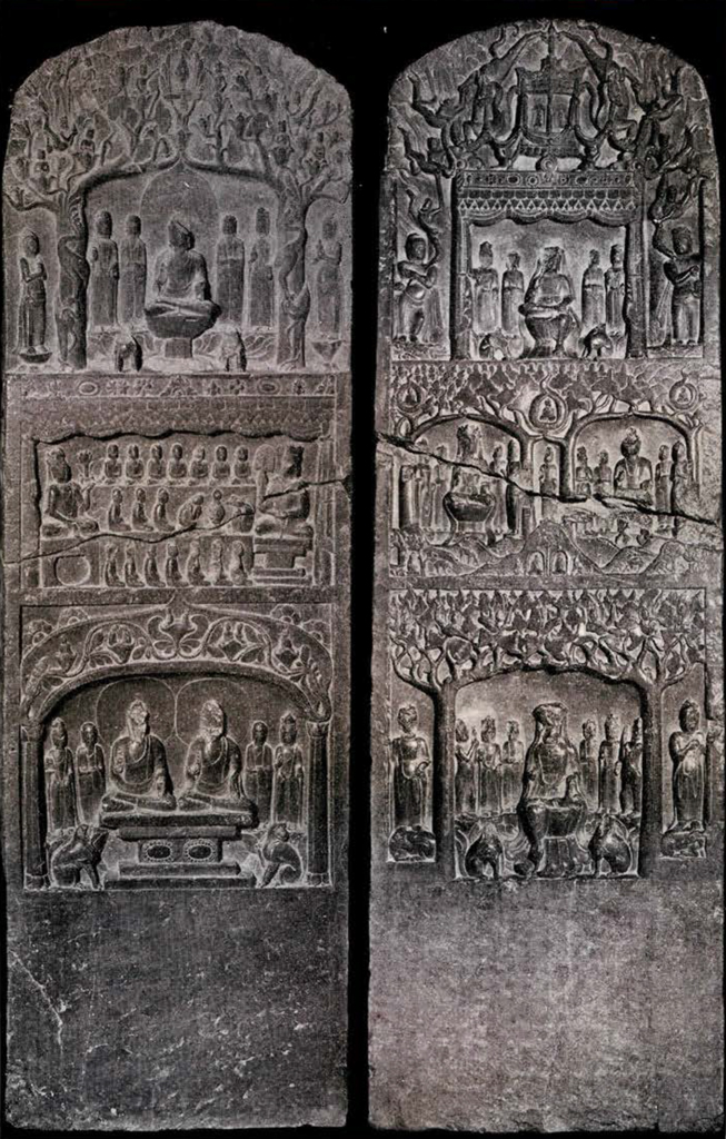 Obverse and reverse of stone stela showing scenes from the life of the Buddha and buddhist teachings, three on each side