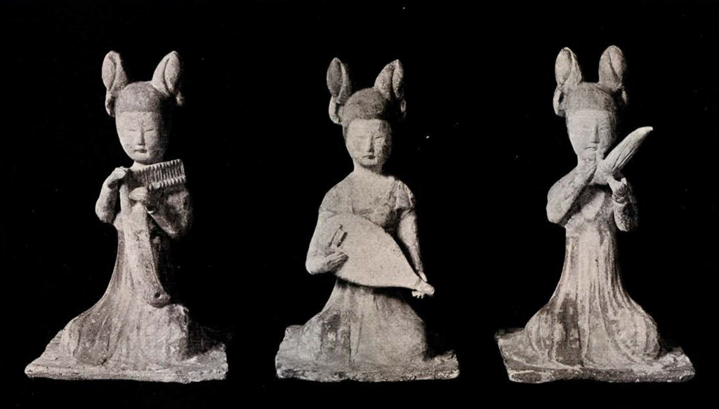 Set of three musician figurines, the left playing a harp, the middle playing a pipa, the right playing a sheng
