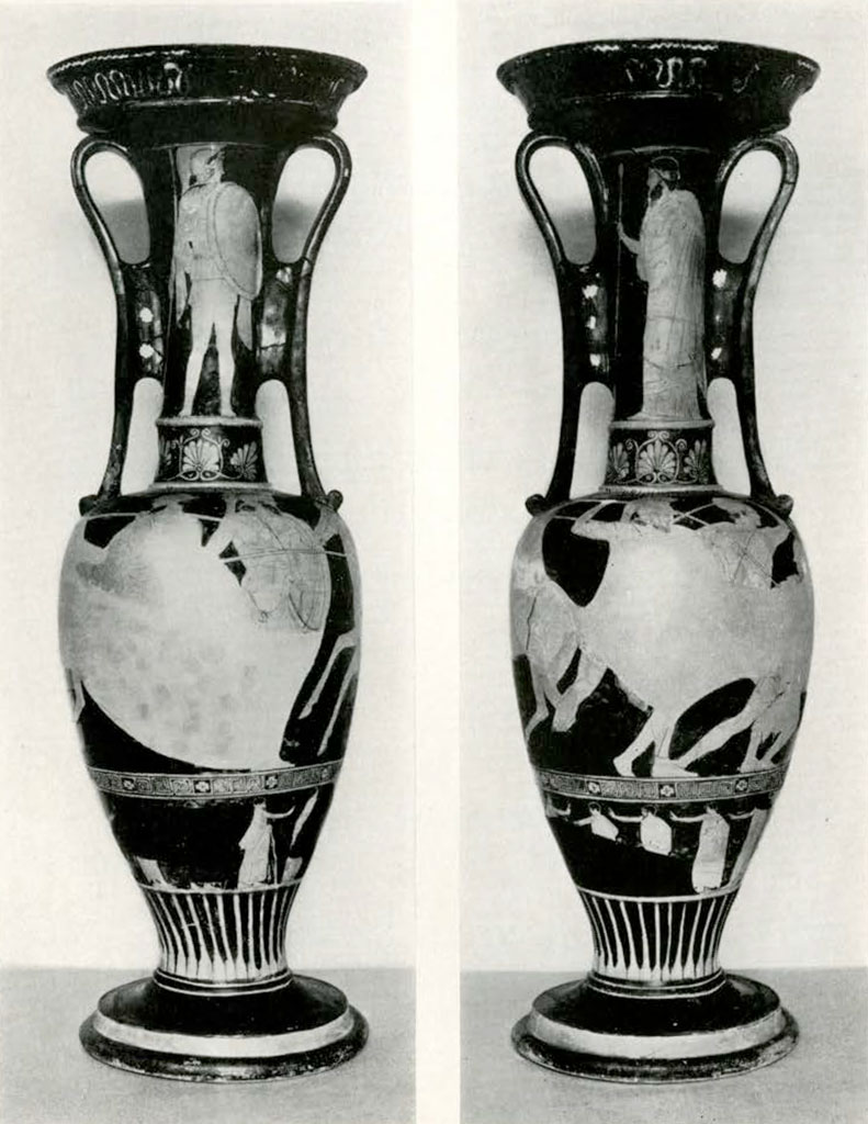 Obverse and reverse of a very tall vase with two handles, fragments missing around the body