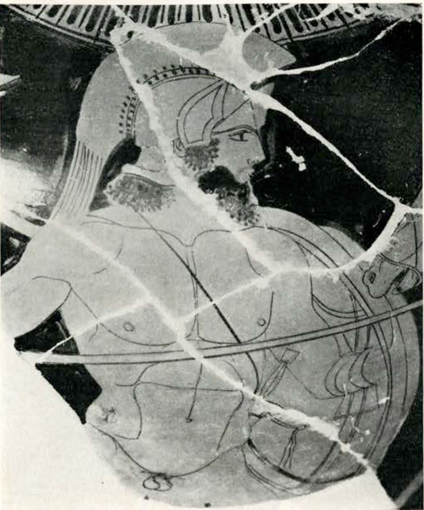 Close up of fragmented area from loutrophoros, showing a shirtless warrior wearing a crested helmet