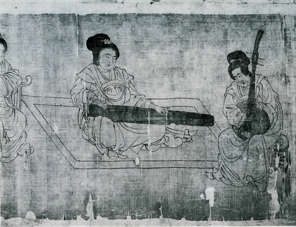 Segment of a scroll painting showing seated women playing stringed instruments