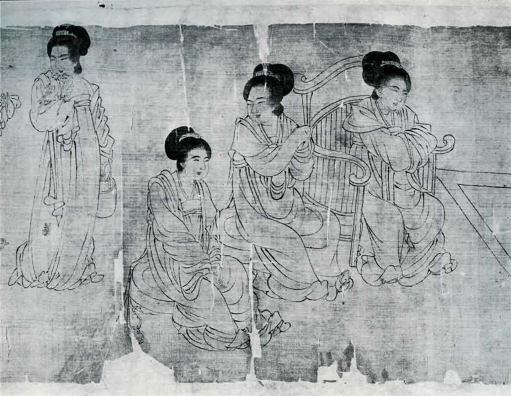 Segment of a scroll painting showing seated women listening to music, one woman in a chair