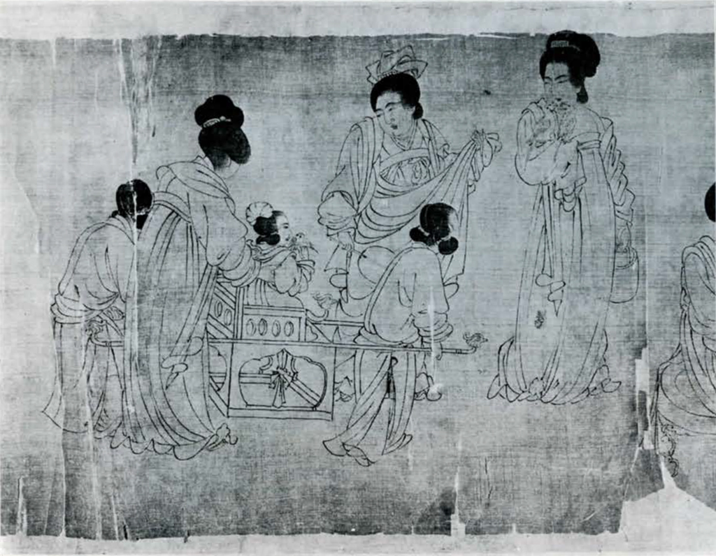 Segment of a scroll painting showing women tending a child in a highchair